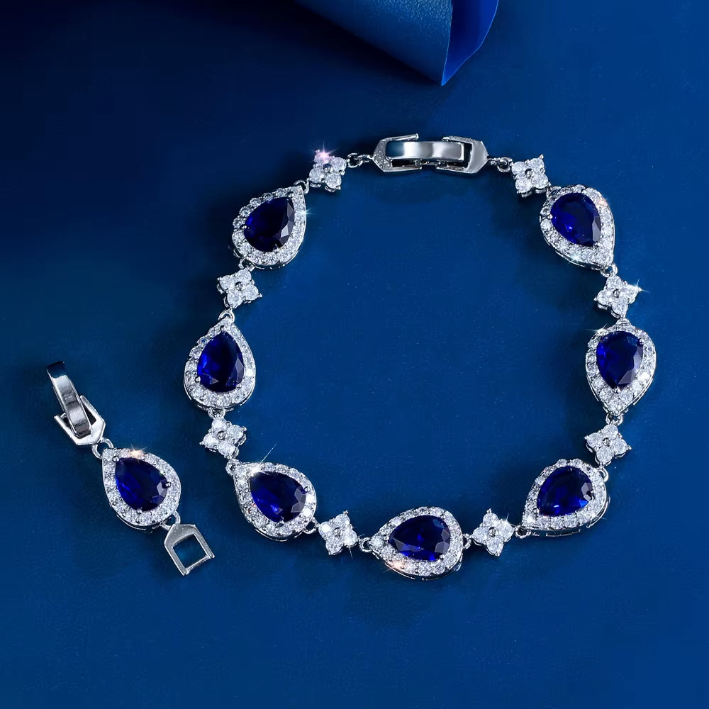 Threegraces Luxury Bridal Water Drop Link Chain Tennis Bracelet with Shiny Pink and Blue Zirconia for Women BR419