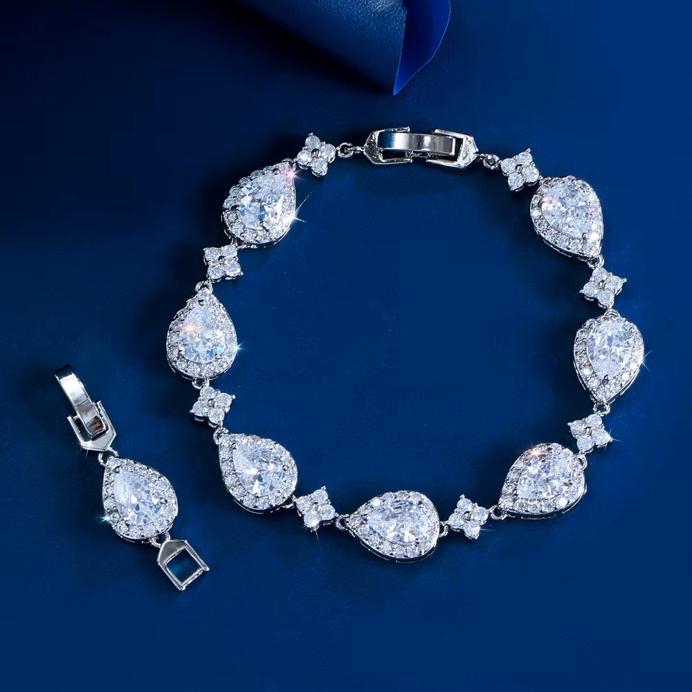 Threegraces Luxury Bridal Water Drop Link Chain Tennis Bracelet with Shiny Pink and Blue Zirconia for Women BR419