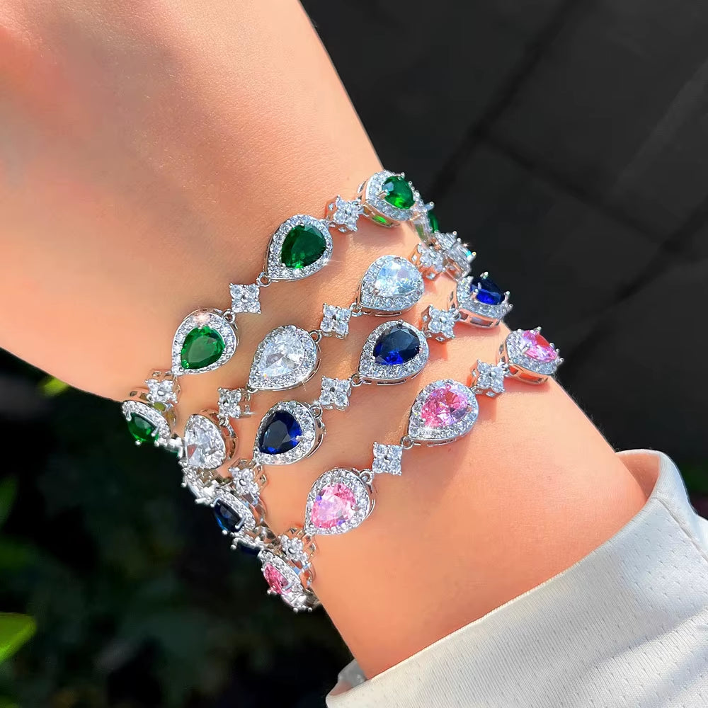 Threegraces Luxury Bridal Water Drop Link Chain Tennis Bracelet with Shiny Pink and Blue Zirconia for Women BR419