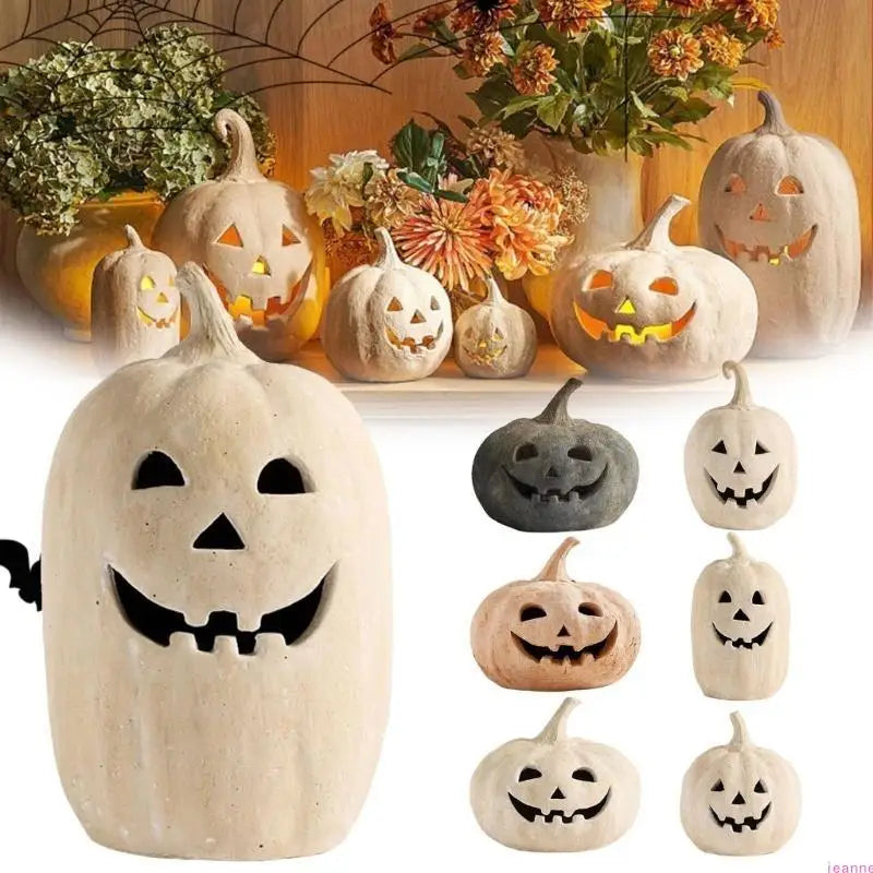 Terracotta Pumpkin Ornament with Jack-O'-Lantern Design for Fall Halloween Table Centerpieces, Suitable for Indoor and Outdoor Decor