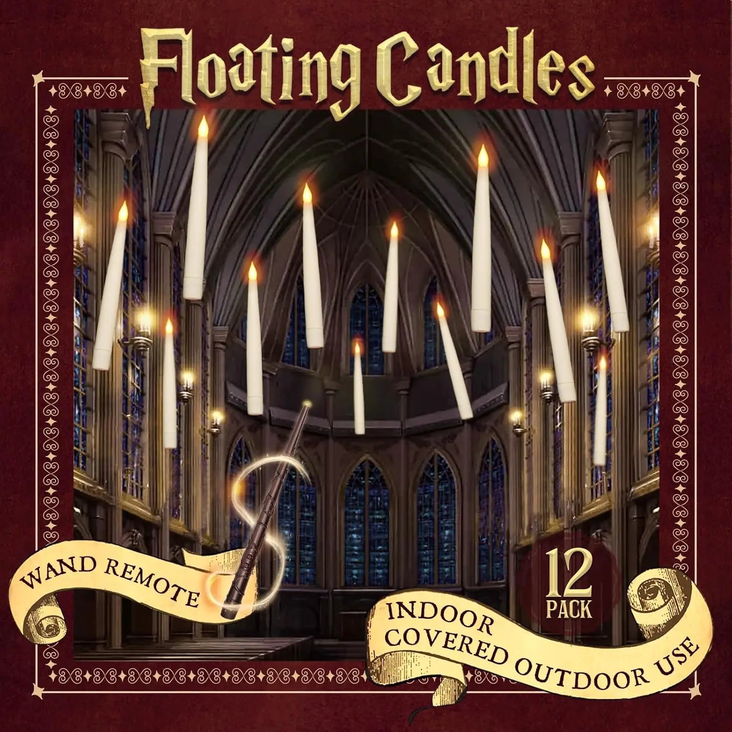 Floating LED Candles with Wand - 12-Piece Set of Flameless Magic Flickering Warm Light Decorations for Halloween and Christmas
