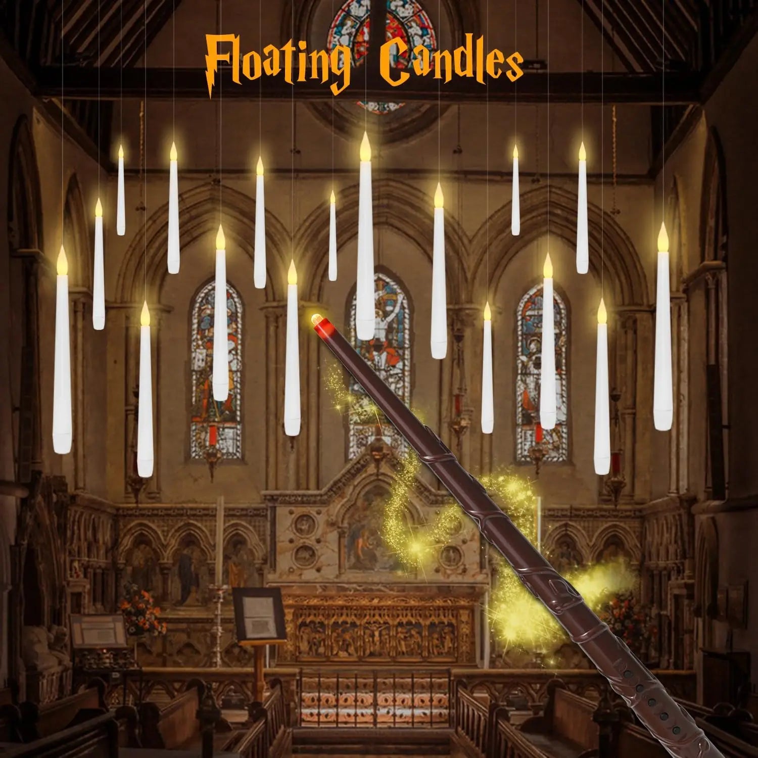 Floating LED Candles with Wand - 12-Piece Set of Flameless Magic Flickering Warm Light Decorations for Halloween and Christmas