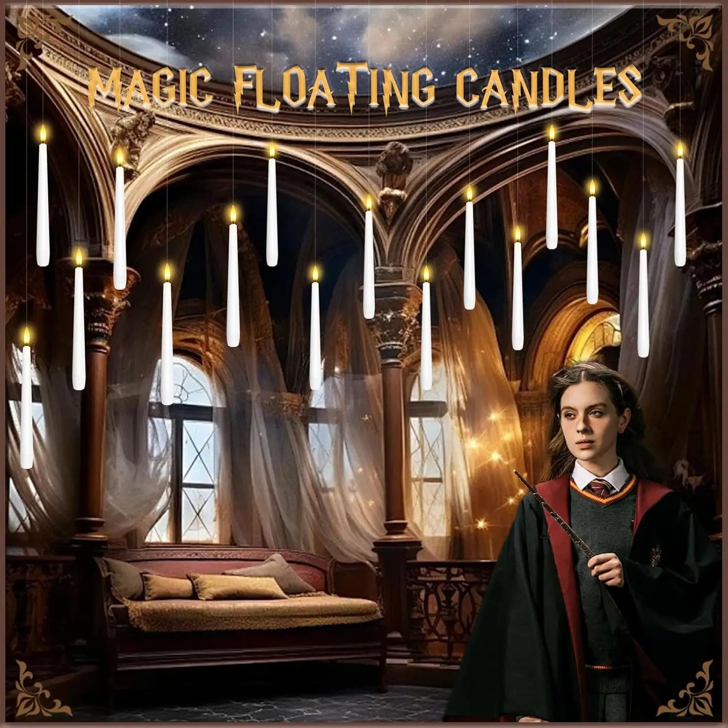 Floating LED Candles with Wand - 12-Piece Set of Flameless Magic Flickering Warm Light Decorations for Halloween and Christmas