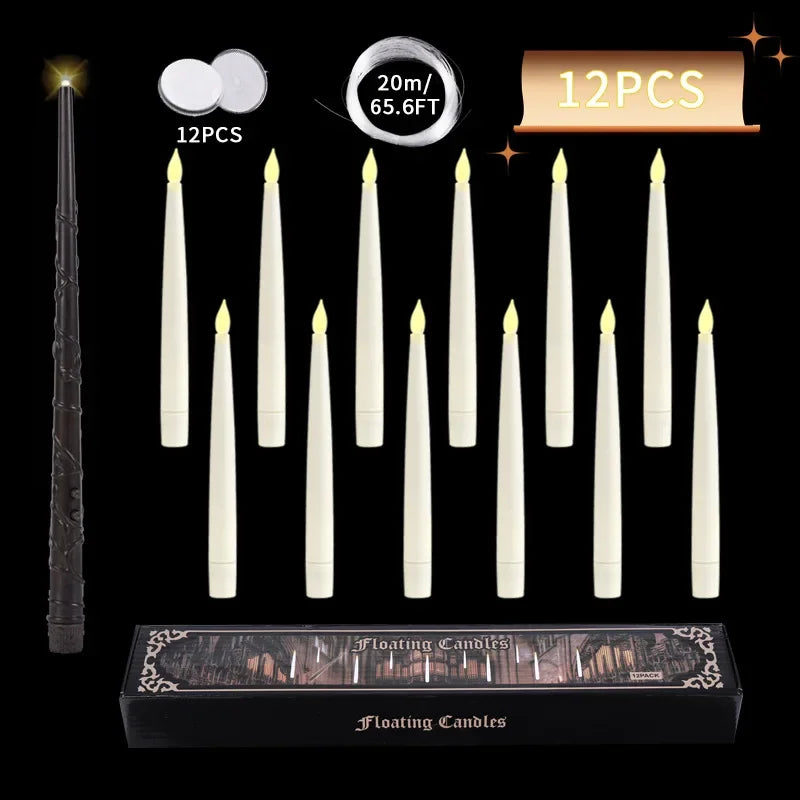 Floating LED Candles with Wand - 12-Piece Set of Flameless Magic Flickering Warm Light Decorations for Halloween and Christmas