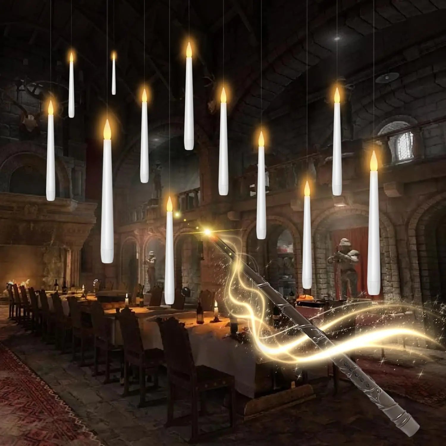 Floating LED Candles with Wand - 12-Piece Set of Flameless Magic Flickering Warm Light Decorations for Halloween and Christmas