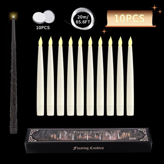 Floating LED Candles with Wand - 12-Piece Set of Flameless Magic Flickering Warm Light Decorations for Halloween and Christmas