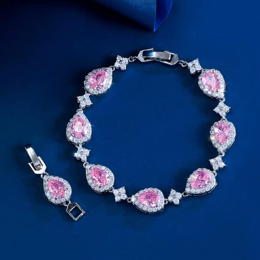 Threegraces Luxury Bridal Water Drop Link Chain Tennis Bracelet with Shiny Pink and Blue Zirconia for Women BR419