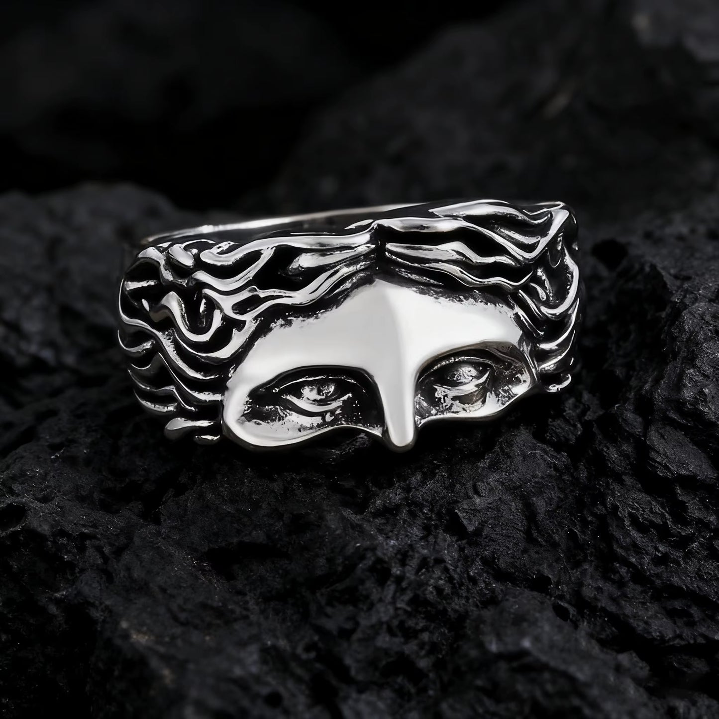 Men's Creative Venus Mask Ring in Retro Vintage Thai Silver Relief - Adjustable Opening Design, Ideal Confession Gift